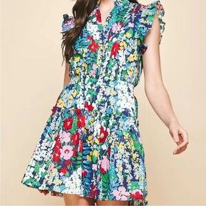 Anthropologie Pinch Ruffle Sleeve Mini Floral Dress Size L 100% Cotton